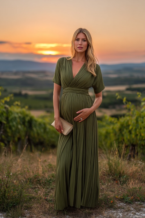 Woman wearing a maternity-style olive green pleated maxi dress with short sleeves and empire waistline, holding a small clutch, standing at a vineyard overlook during sunset 