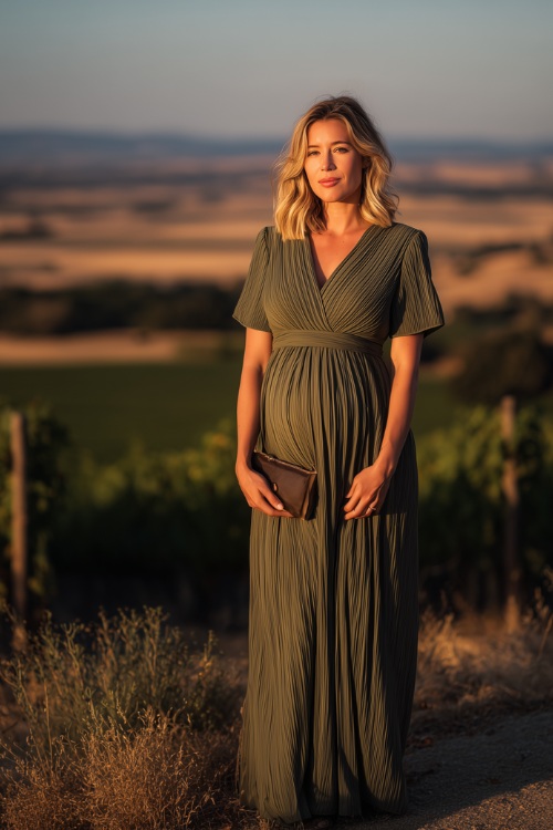 Woman wearing a maternity-style olive green pleated maxi dress with short sleeves and empire waistline, holding a small clutch, standing at a vineyard overlook during sunset