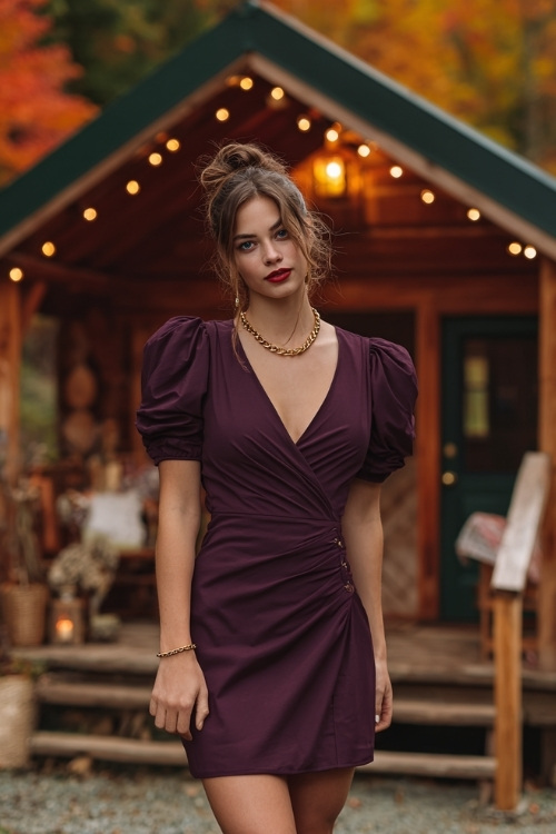 Woman wearing a plum wrap dress with puff shoulders, mid-length skirt, and gold accessories, posing in front of a cozy cabin venue surrounded by colorful fall leaves 