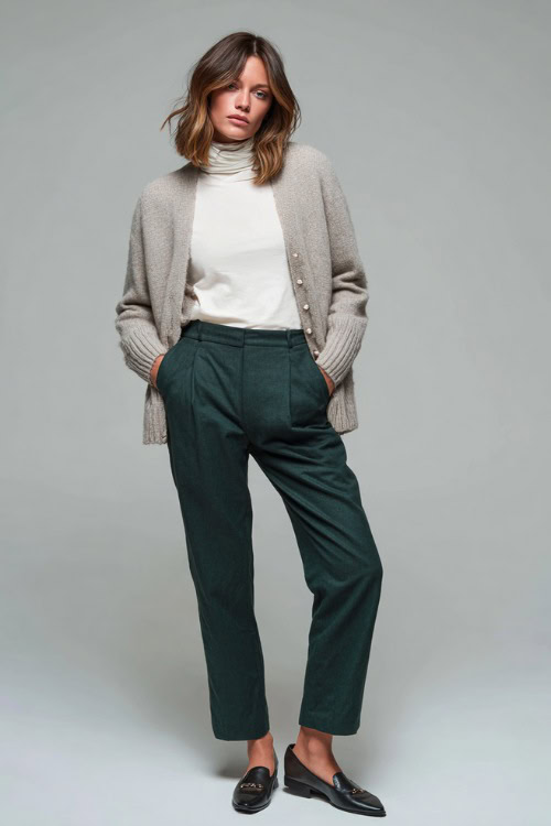 Woman wearing a soft gray cardigan over a white turtleneck and dark green wool trousers, accessorized with pearl studs and classic flats, posed in a clean 