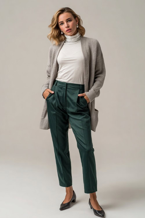 Woman wearing a soft gray cardigan over a white turtleneck and dark green wool trousers, accessorized with pearl studs and classic flats, posed in a clean
