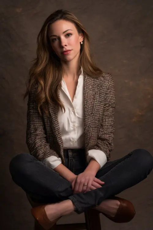 Woman wearing dark jeans with a white blouse and houndstooth blazer, brown flats, and subtle pearl studs, posed in a soft light fall-inspired studio 