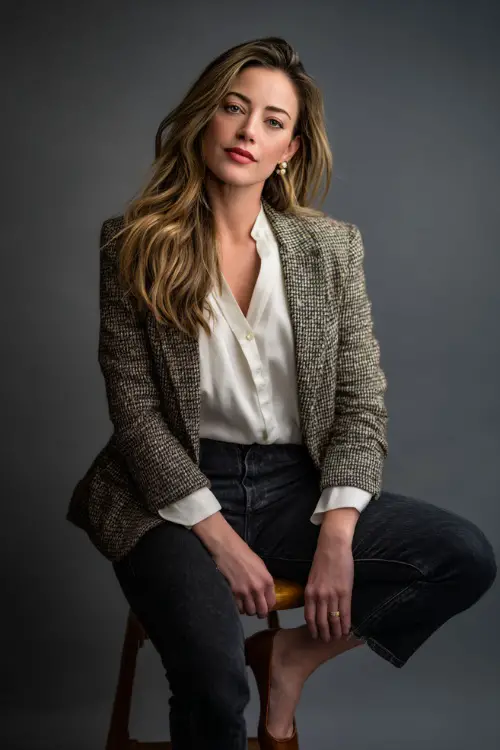 Woman wearing dark jeans with a white blouse and houndstooth blazer, brown flats, and subtle pearl studs, posed in a soft light fall-inspired studio