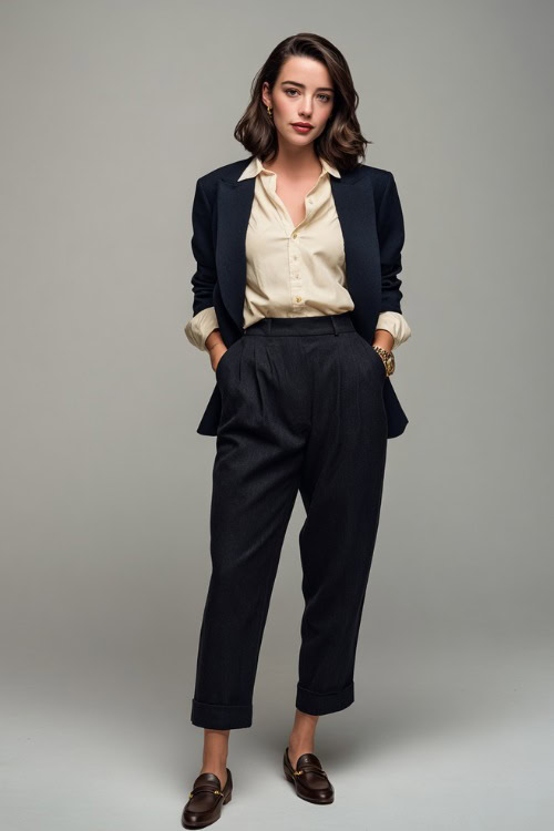 Woman wearing high-waisted dark wool trousers with a tucked-in cream blouse and navy structured blazer, styled with loafers and a vintage watch 