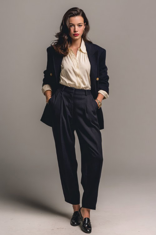 Woman wearing high-waisted dark wool trousers with a tucked-in cream blouse and navy structured blazer, styled with loafers and a vintage watch