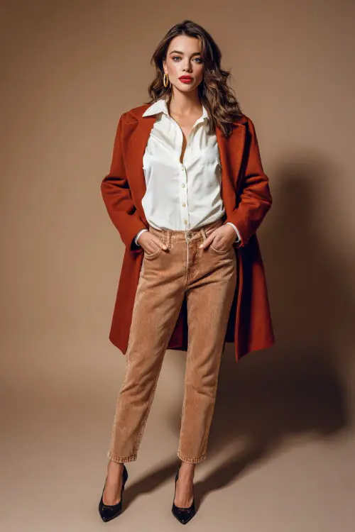 Woman wearing high-waisted jeans with a collared cream blouse and rust wool coat, styled with gold hoop earrings and classic flats, neutral studio 