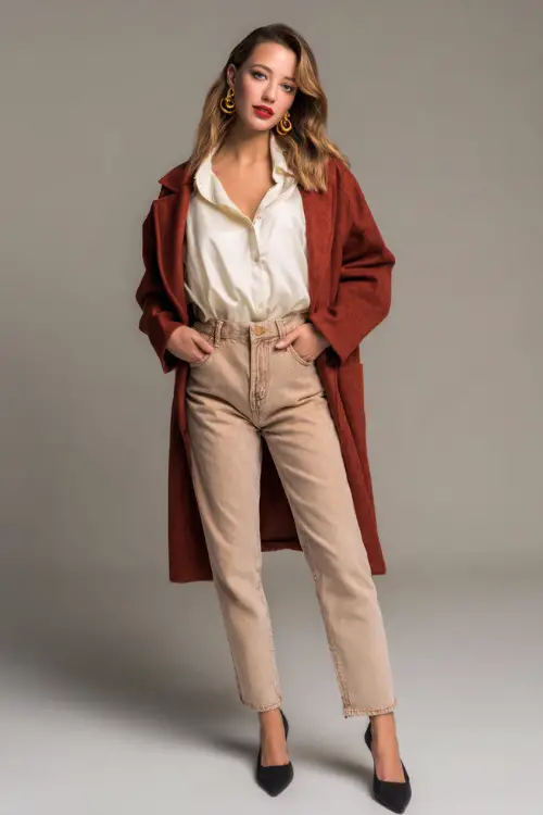 Woman wearing high-waisted jeans with a collared cream blouse and rust wool coat, styled with gold hoop earrings and classic flats, neutral studio