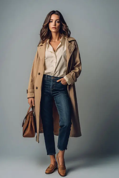 Woman wearing high-waisted straight-leg dark blue jeans with a tucked-in ivory button-up shirt and camel trench coat, paired with tan loafers and a structured bag
