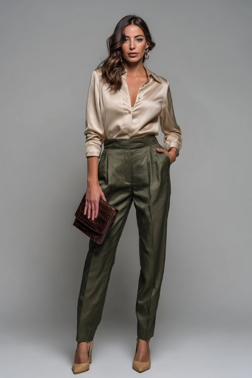 Woman wearing olive green high-waisted pants with a silk beige blouse and pointed heels, holding a leather clutch, clean studio setup 