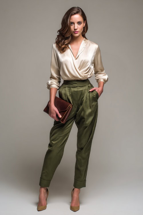 Woman wearing olive green high-waisted pants with a silk beige blouse and pointed heels, holding a leather clutch, clean studio setup