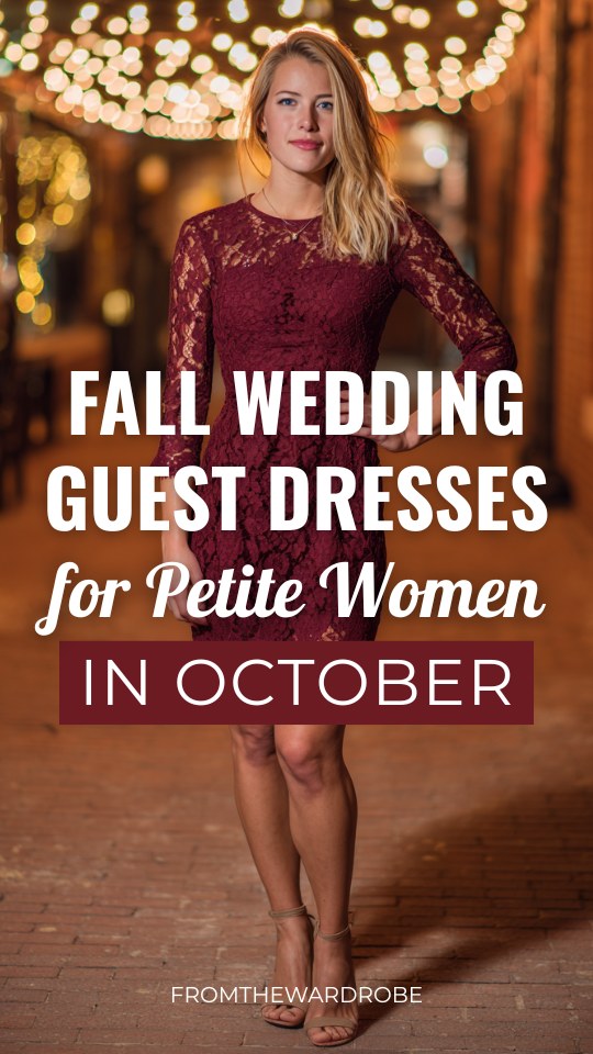 a petite woman wears a red lace mini dress for October wedding