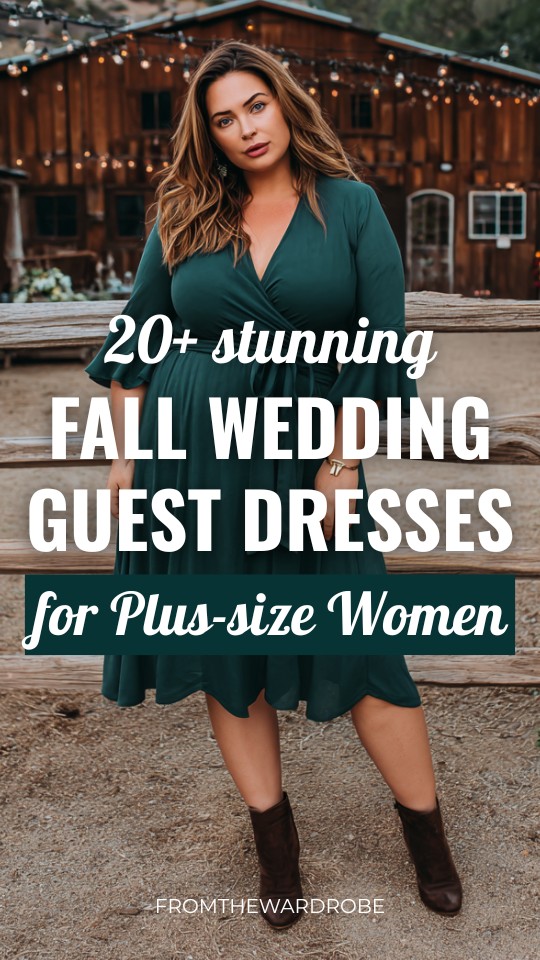 a plus size woman wears a green wrap wedding guest dress with dark boots for a fall wedding