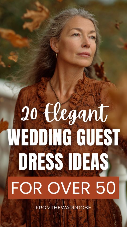 a woman over 50 in elegant wedding guest dress with long sleeves and slight shimmer