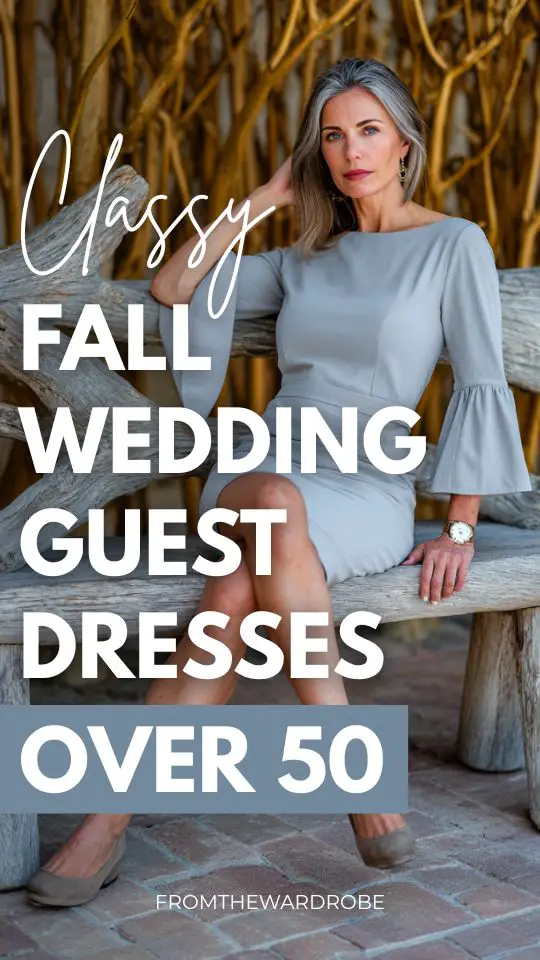 a woman over 50 wears a classy gray wedding guest dress with matching pumps for fall wedding