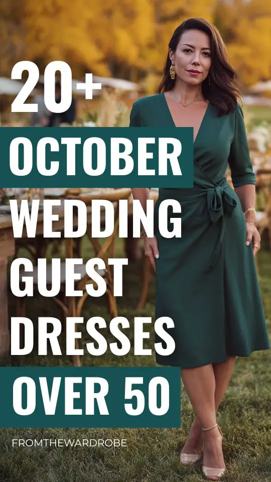 a woman over 50 wears a green wrap wedding guest dress for October wedding