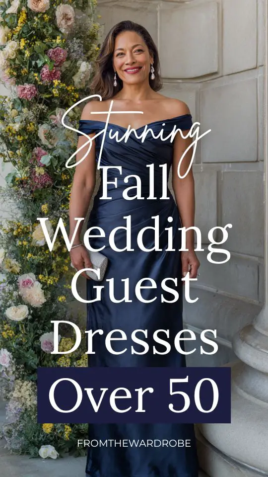 a woman over 50 wears a navy wedding guest dress for fall wedding