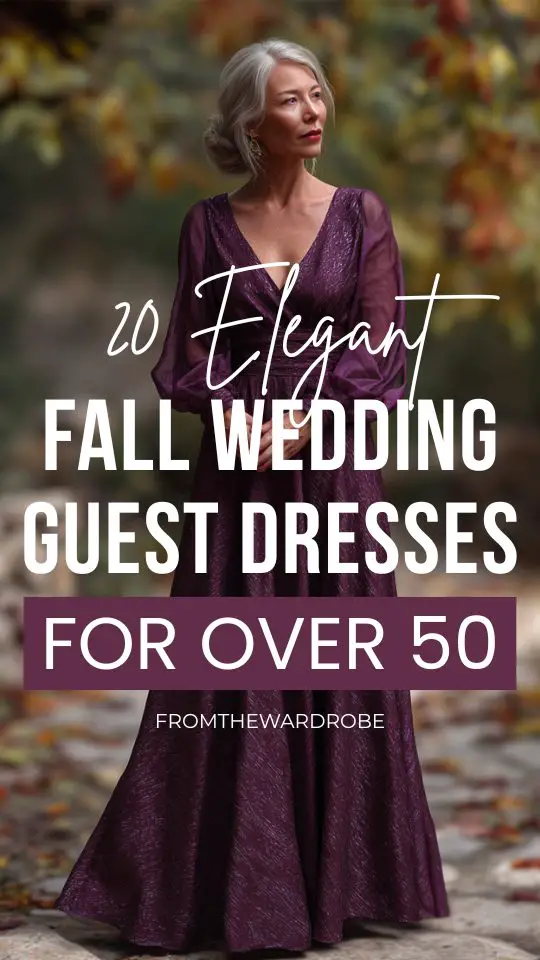 a woman over 50 wears a plum sparkling wedding guest dress for fall wedding