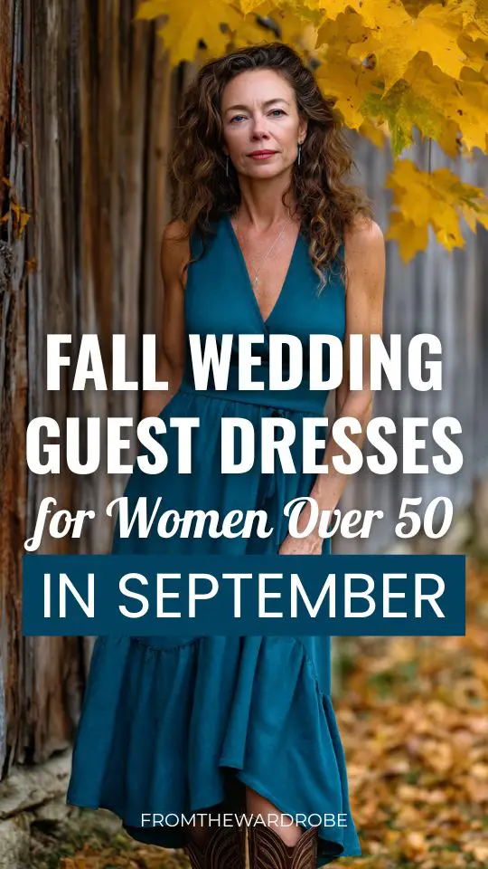 a woman over 50 wears a teal fall wedding guest dress for September wedding