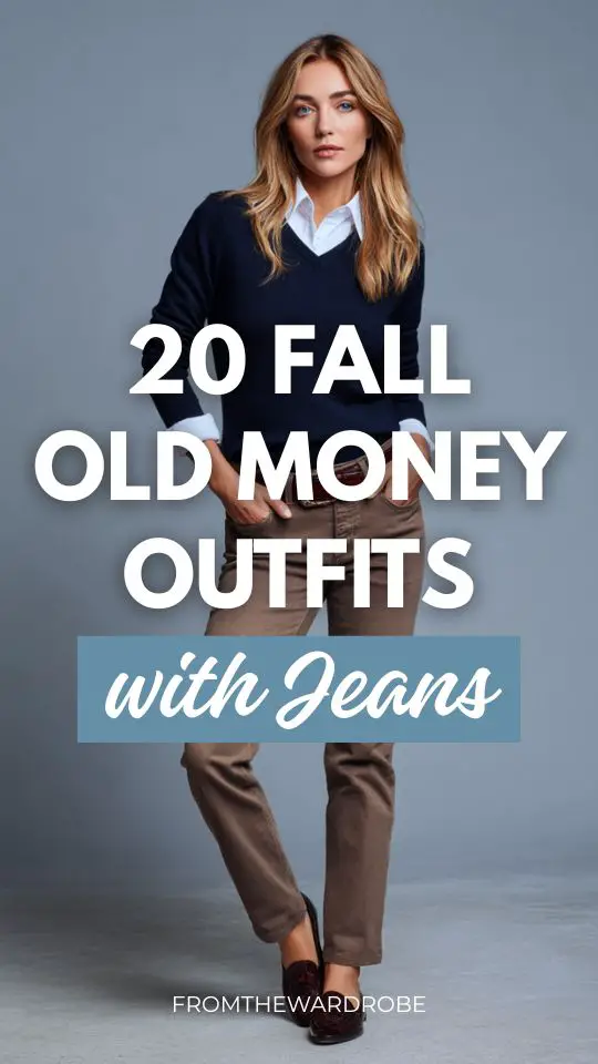 a woman wearing a fall old money outfit with straight leg jeans with a navy cashmere sweater white collared shirt