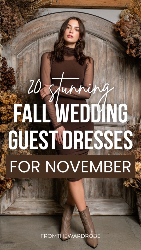 a woman wears a brown fall wedding guest dress with matching boots for November wedding