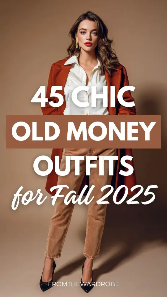 a woman wears a fall old money outfit with high-waisted jeans with a collared cream blouse and rust wool coat