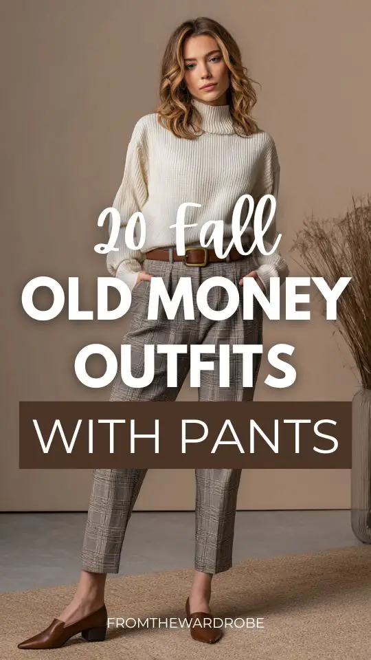 a woman wears a fall old money outfits with a cream turtleneck and gray pants