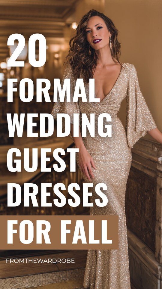 a woman wears a formal sequin wedding guest dress for fall