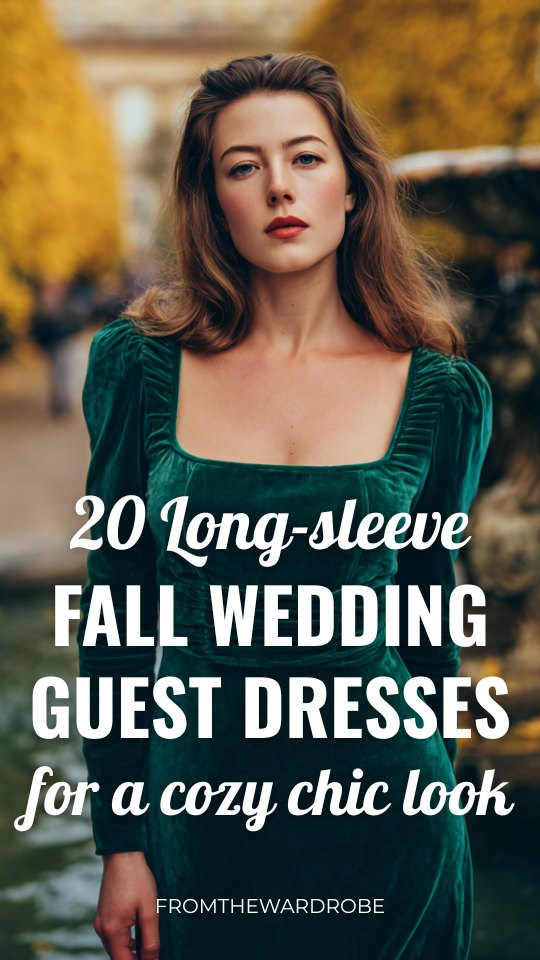 a woman wears a green velvet fall wedding guest dress with long sleeves