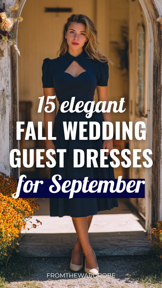 a woman wears a navy fall wedding guest dress for September wedding (1)