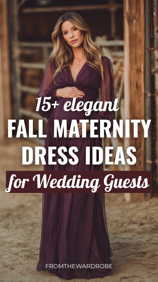 a woman wears a plum flowy fall maternity guest dress