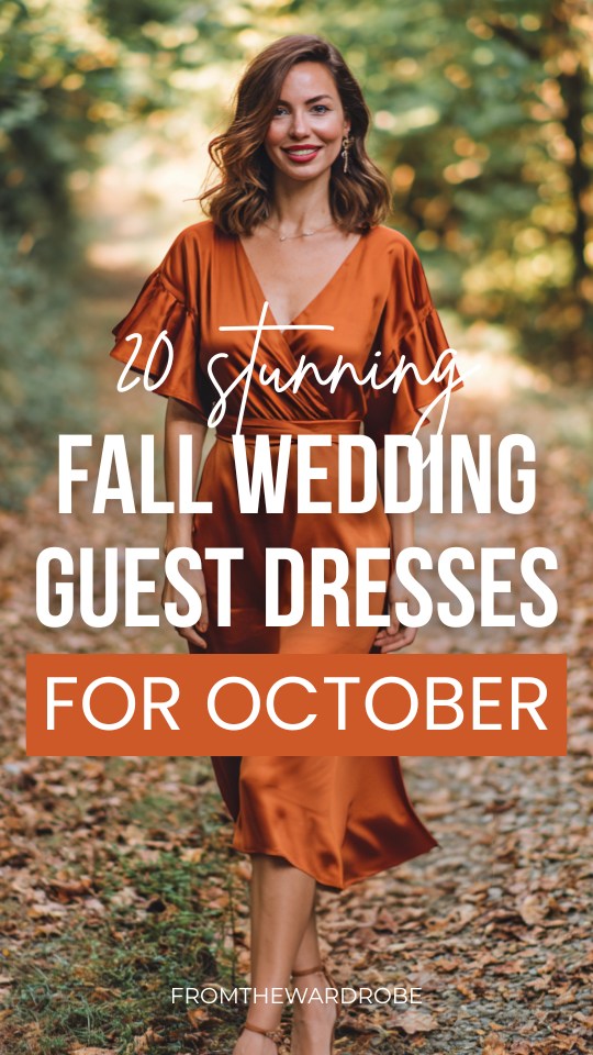 a woman wears a rust wrap fall wedding guest dress for October wedding