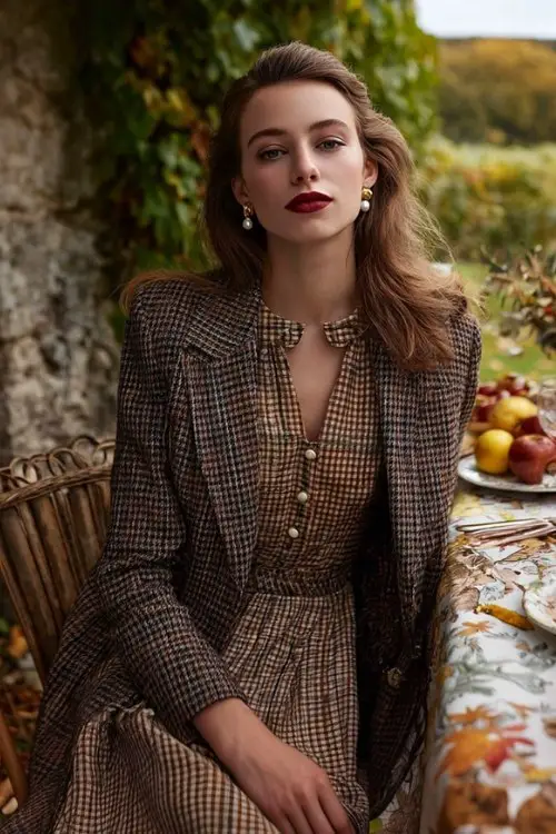 a woman wears an old money outfit with plaid dress with a matching blazer in fall