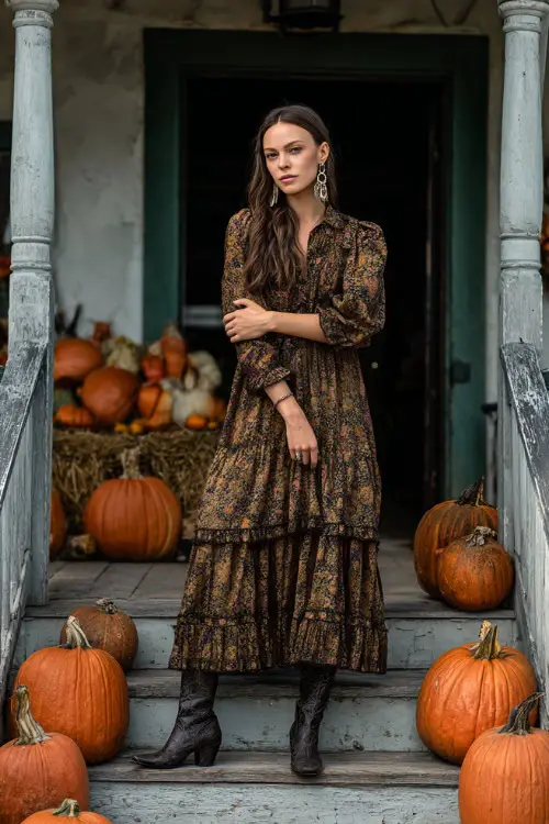 A woman in a bronze floral maxi dress with a tiered skirt, accessorized with heeled boots and statement earrings, standing on a farmhouse porch decorated with October pumpkins 