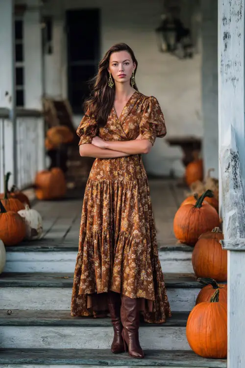 A woman in a bronze floral maxi dress with a tiered skirt, accessorized with heeled boots and statement earrings, standing on a farmhouse porch decorated with October pumpkins 