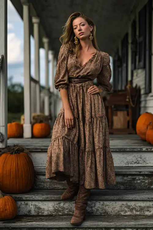 A woman in a bronze floral maxi dress with a tiered skirt, accessorized with heeled boots and statement earrings, standing on a farmhouse porch decorated with October pumpkins