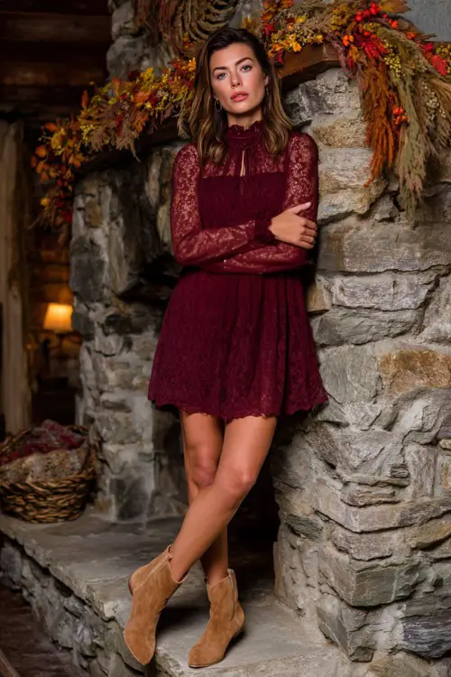 A woman in a burgundy A-line dress with lace overlay and long sleeves, paired with tan suede ankle boots, posing near a rustic stone fireplace decorated with fall garlands 