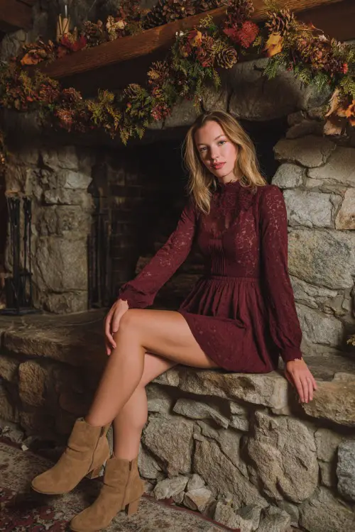 A woman in a burgundy A-line dress with lace overlay and long sleeves, paired with tan suede ankle boots
