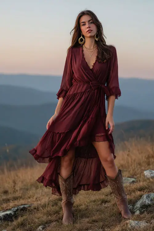 A woman in a burgundy chiffon dress with layered hem, accessorized with brown cowboy boots and gold hoop earrings, standing on a country hillside overlooking an October sunset 