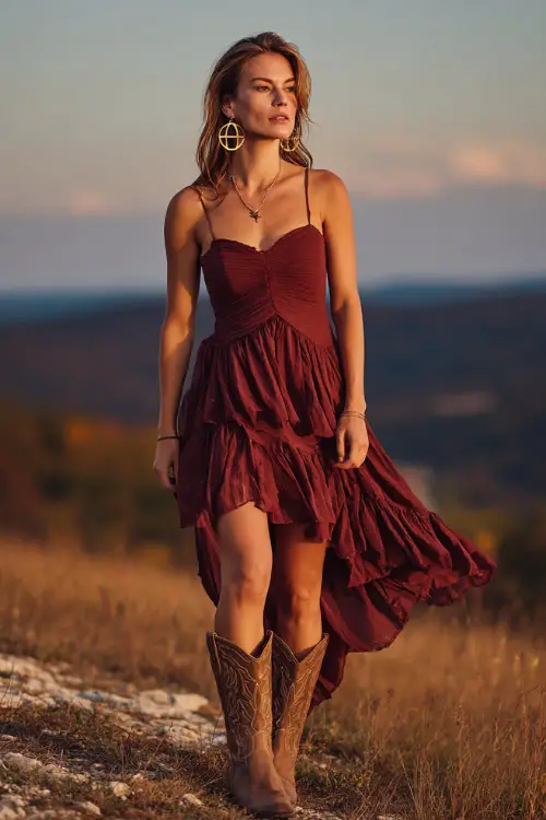 A woman in a burgundy chiffon dress with layered hem, accessorized with brown cowboy boots and gold hoop earrings, standing on a country hillside overlooking an October sunset