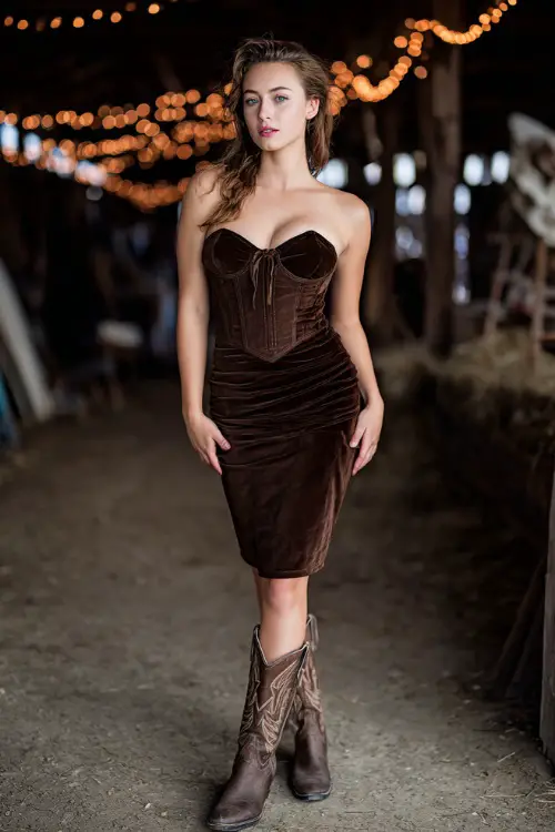A woman in a chocolate brown velvet midi dress with a sweetheart neckline, paired with distressed cowboy boots, standing inside a rustic barn wedding with string lights