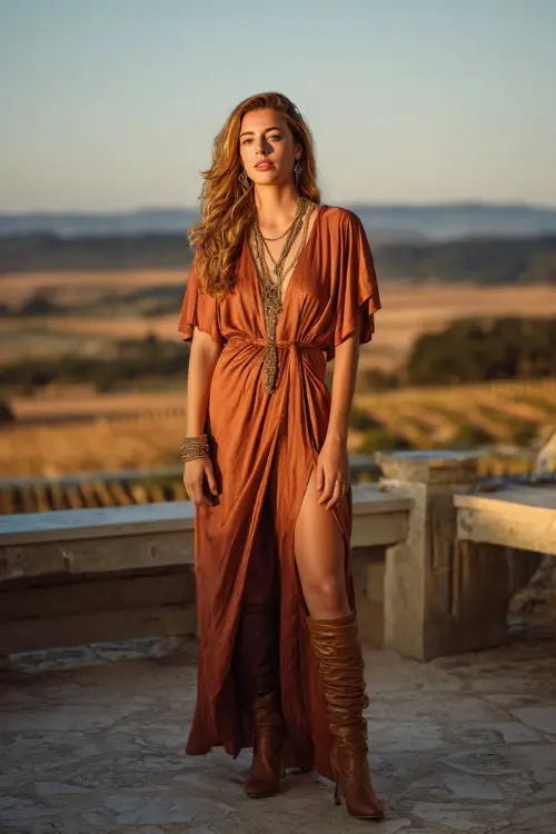 A woman in a copper chiffon maxi dress with flutter sleeves, styled with tall leather boots and layered necklaces, posing at a vineyard terrace during golden sunset