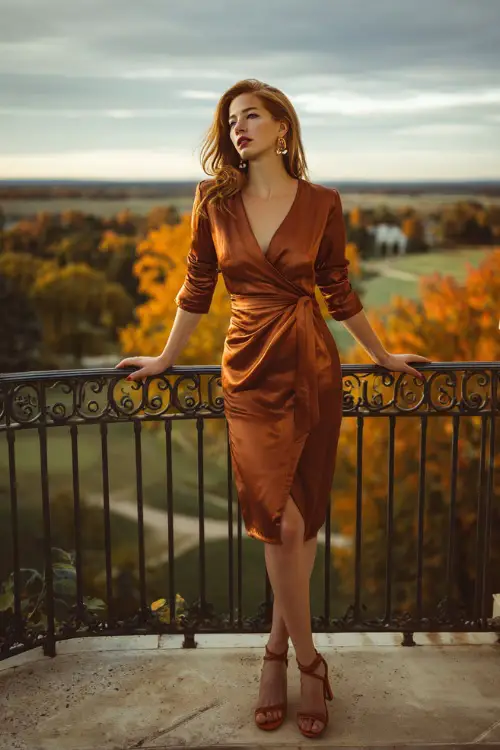 A woman in a copper satin wrap dress with a V neckline and knee-length hem, accessorized with strappy heels and statement earrings