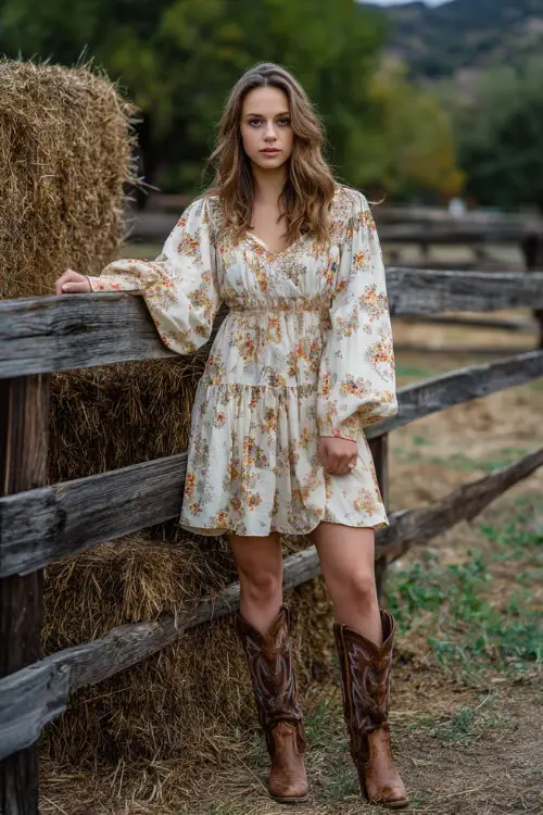 A woman in a cream floral chiffon dress with bishop sleeves, paired with embroidered brown cowboy boots, standing near hay bales and a wooden fence at a rustic fall wedding 