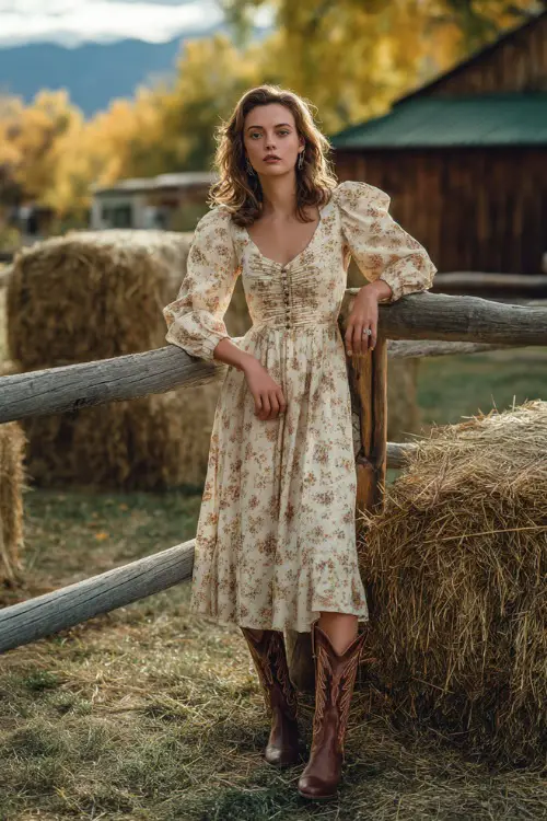 A woman in a cream floral chiffon dress with bishop sleeves, paired with embroidered brown cowboy boots, standing near hay bales and a wooden fence at a rustic fall wedding