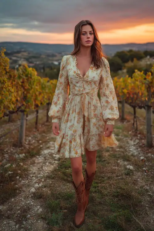 A woman in a cream floral chiffon dress with long sleeves and flowy skirt, accessorized with western boots, standing at a vineyard terrace during golden October sunset