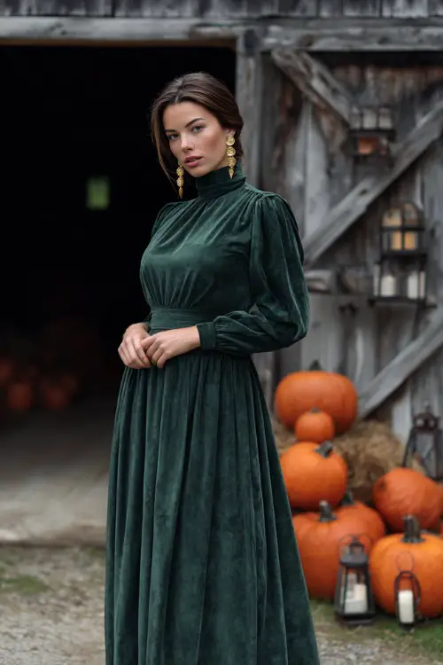 A woman in a forest green velvet maxi dress with a fitted waist and long sleeves, accessorized with gold drop earrings, posing in front of a rustic barn decorated with pumpkins and lanterns 