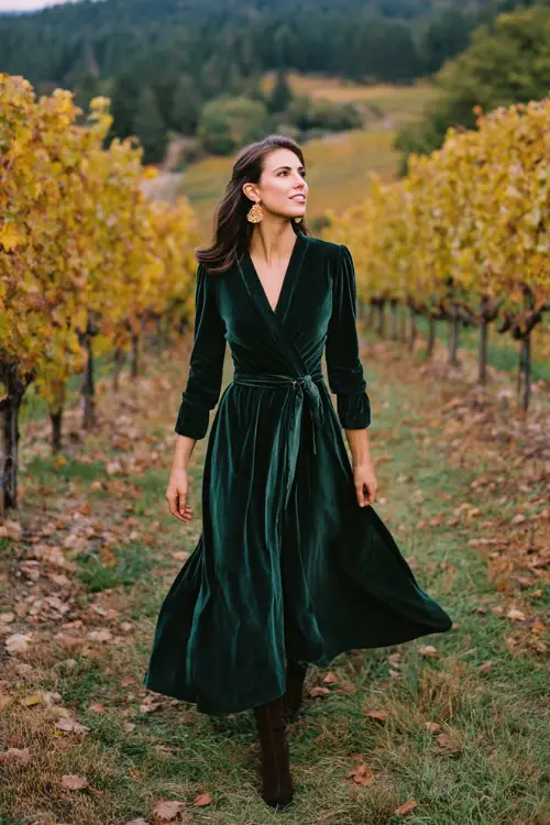 A woman in a forest green velvet maxi dress with long sleeves and a belted waist, accessorized with gold earrings and heeled boots