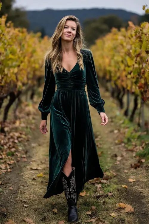 A woman in a forest green velvet maxi dress with long sleeves and fitted waist, styled with embroidered black cowboy boots, posing along a vineyard path covered in golden October leaves 