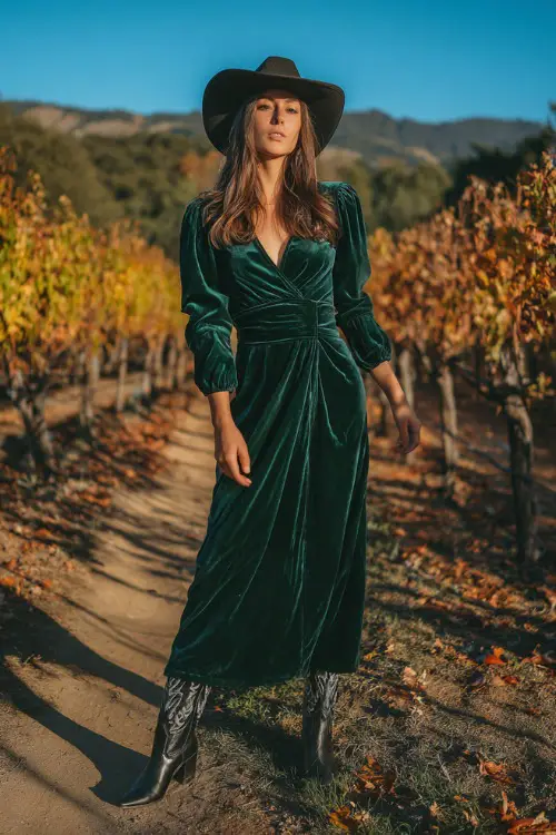 A woman in a forest green velvet maxi dress with long sleeves and fitted waist, styled with embroidered black cowboy boots, posing along a vineyard path covered in golden October leaves 