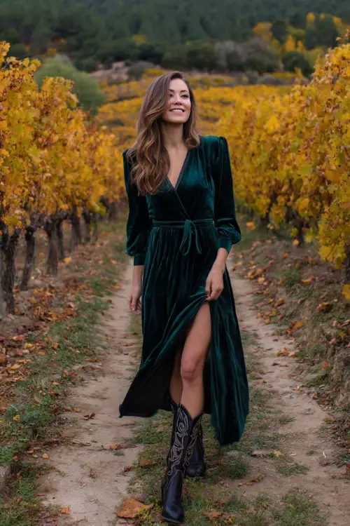 A woman in a forest green velvet maxi dress with long sleeves and fitted waist, styled with embroidered black cowboy boots